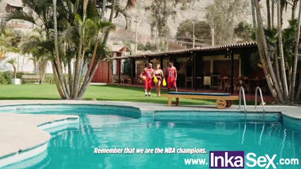 Redhead with perfect boobs fucked by 2 BBCs by the pool